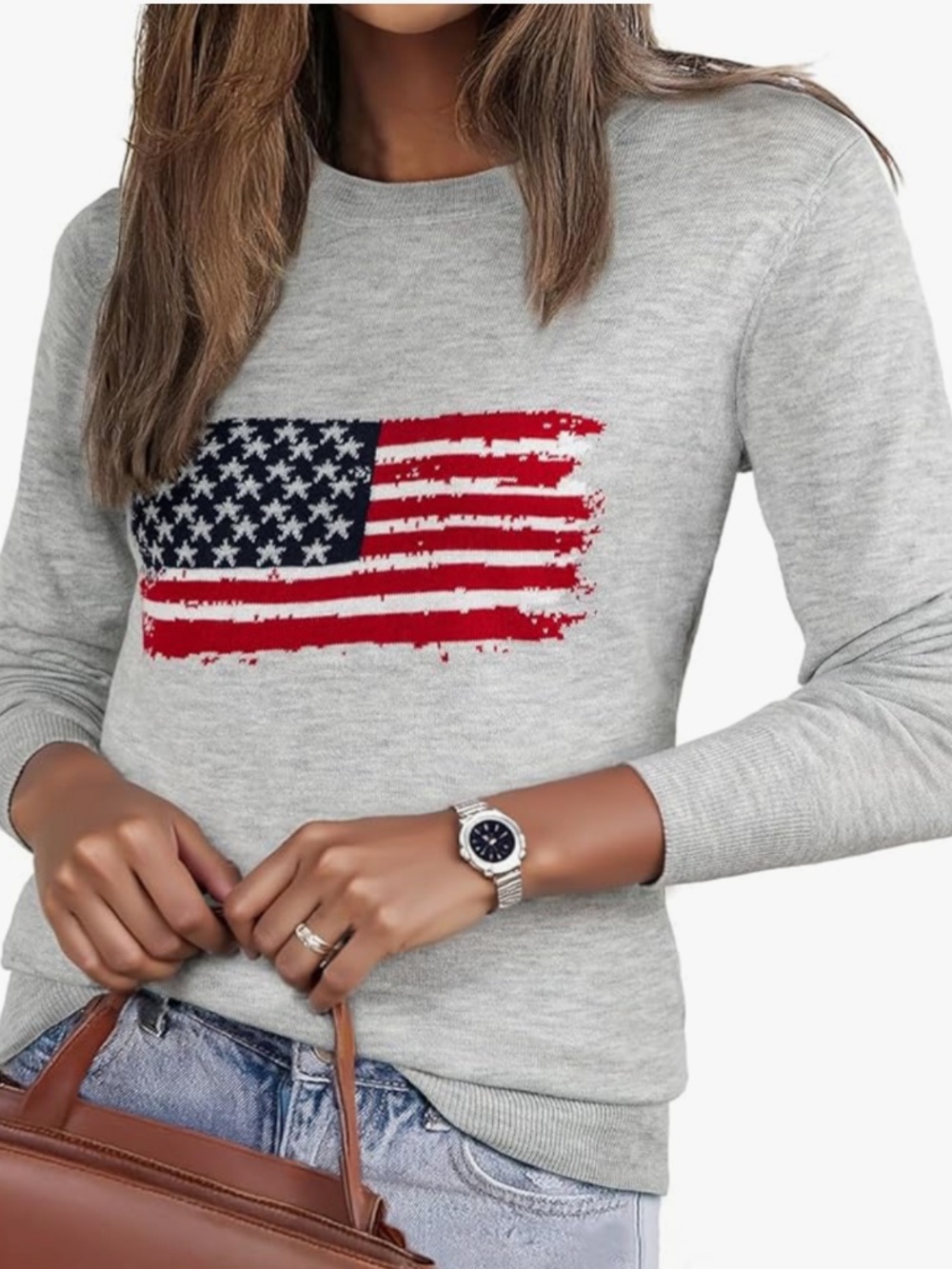 Grey Women's Long-Sleeve sweater with Distressed American Flag